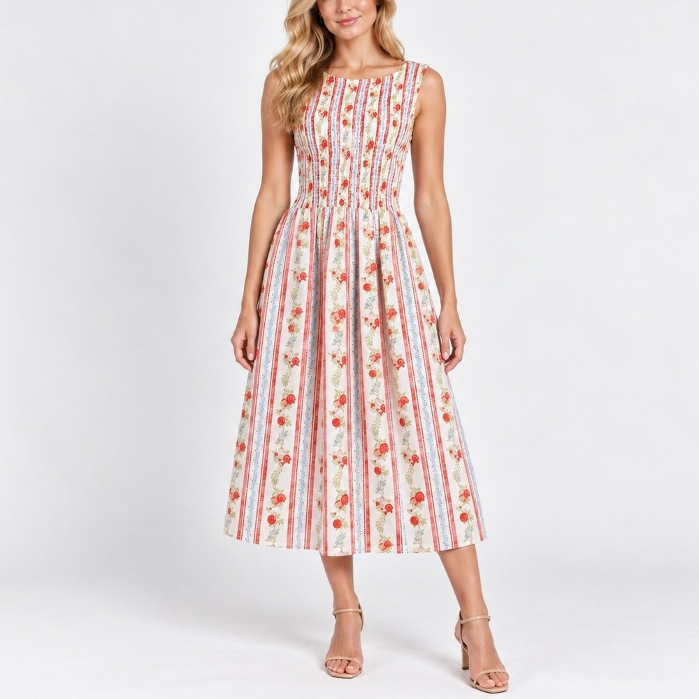 Caroline Constas Pomegranate Stripe Maxi Dress M Floral Smocked